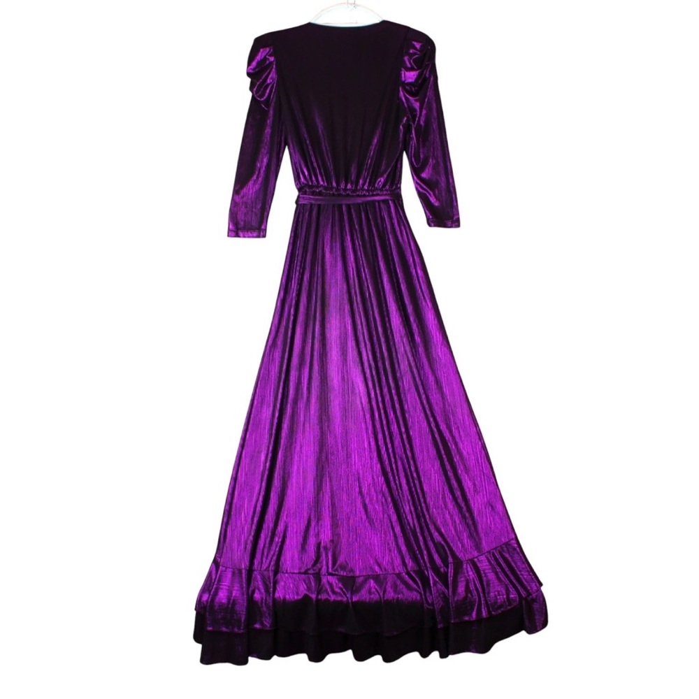 Retrofete Flora Maxi Wrap Dress Purple Metallic Size M V Neck Ruffle EUC Party - Picture 3 of 15